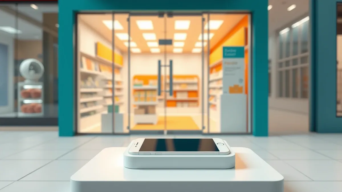 Illustration: A glass-fronted retail store stands open with bright interior lighting.