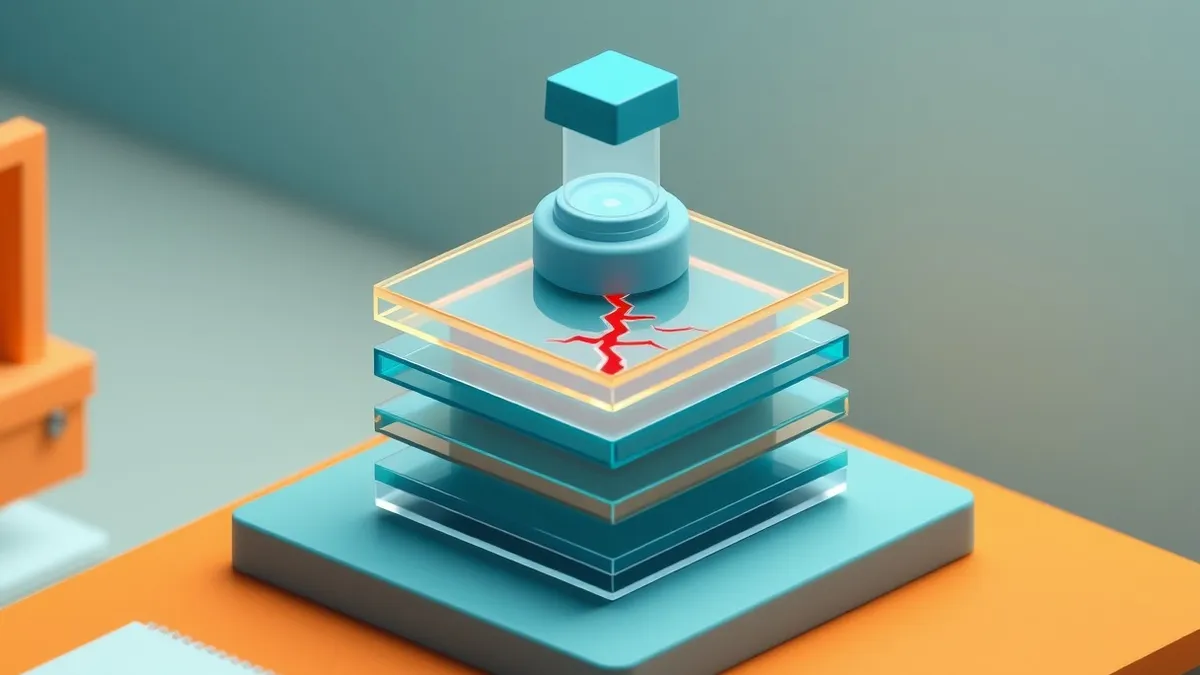 Illustration: A stack of transparent glass layers representing code sits on a desk, with sharp red cracks spreading through the middle layer.