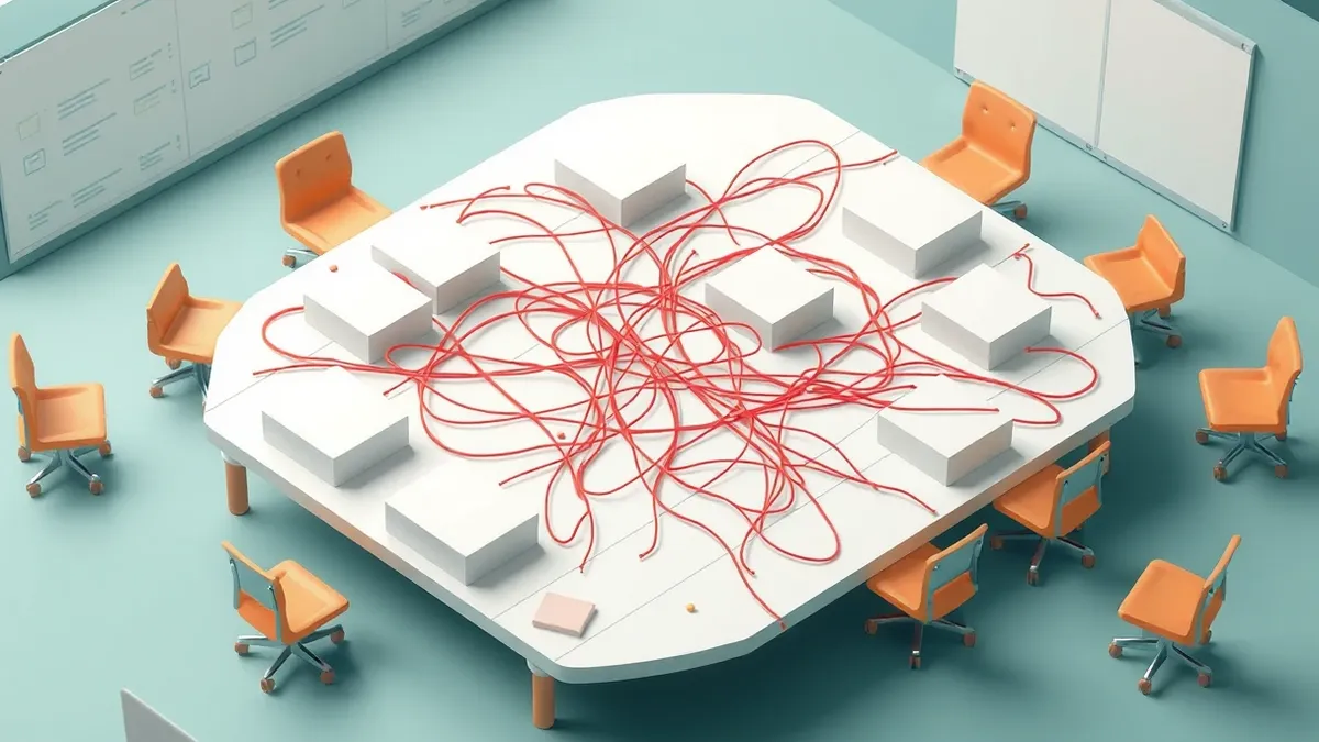 Illustration: A tangled web of red threads connects blank white boxes on a large drafting table.