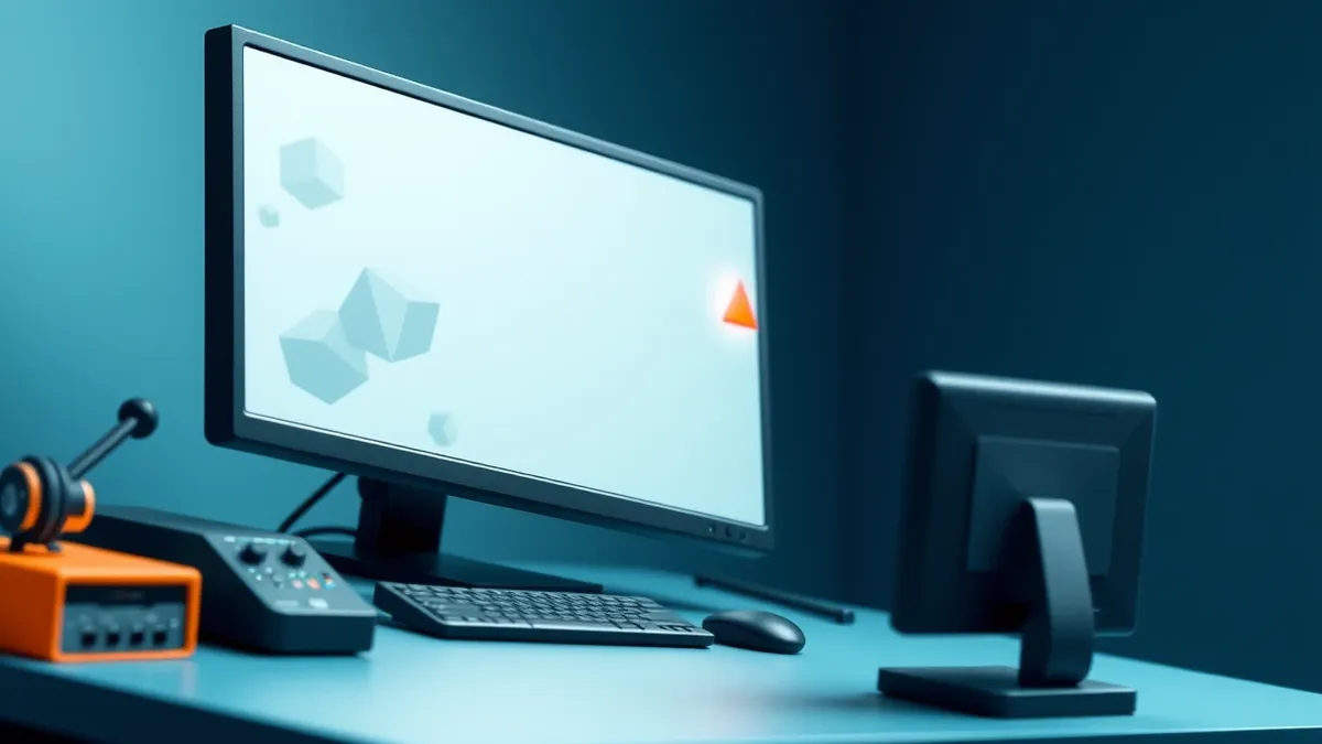 Illustration: A sleek black network monitoring console sits on a desk, its large screen displaying a blank interface with abstract geometric shapes.