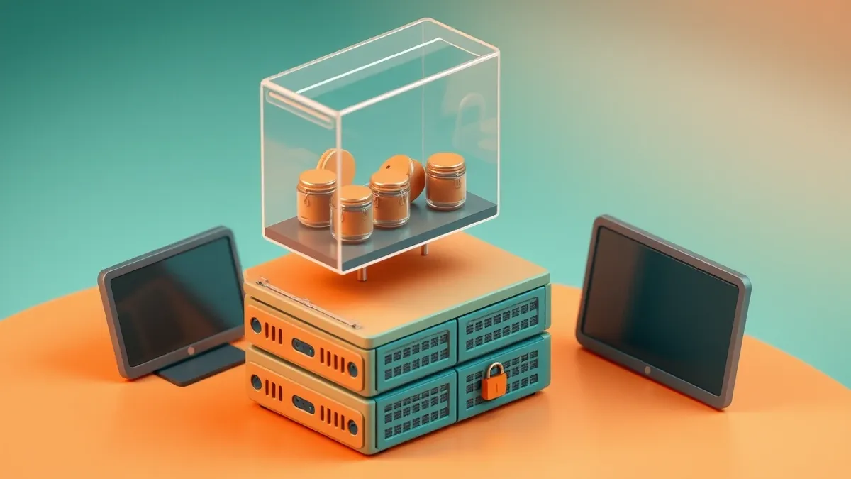 Illustration: A transparent browser window floats above a stack of physical server blades, highlighting the split between local client-side storage and remote server-side processin