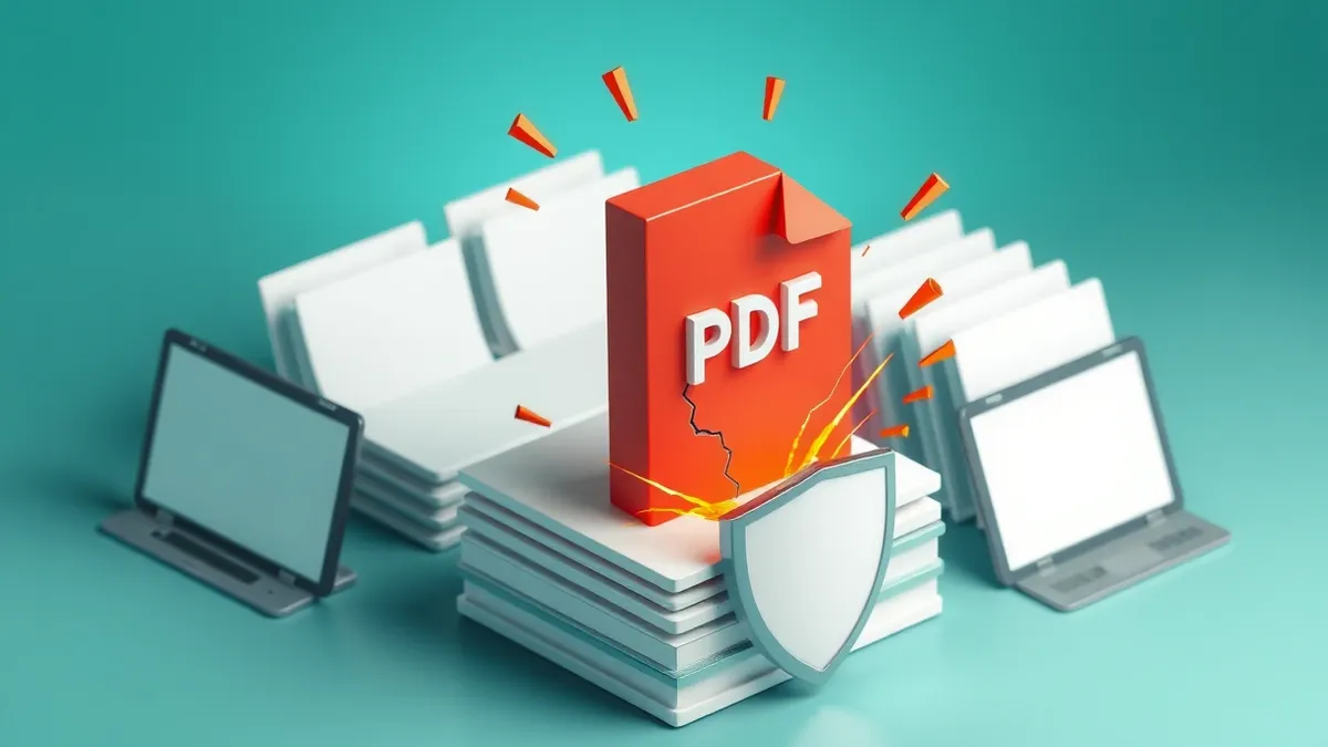 Illustration: A cracked red PDF icon floats above a stack of digital documents.