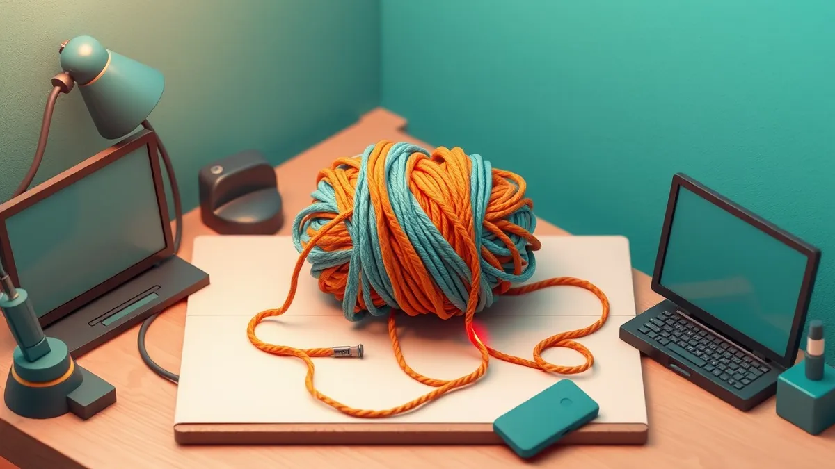 Illustration: A tangled knot of colorful yarn sits on a wooden desk, representing complex software dependencies.
