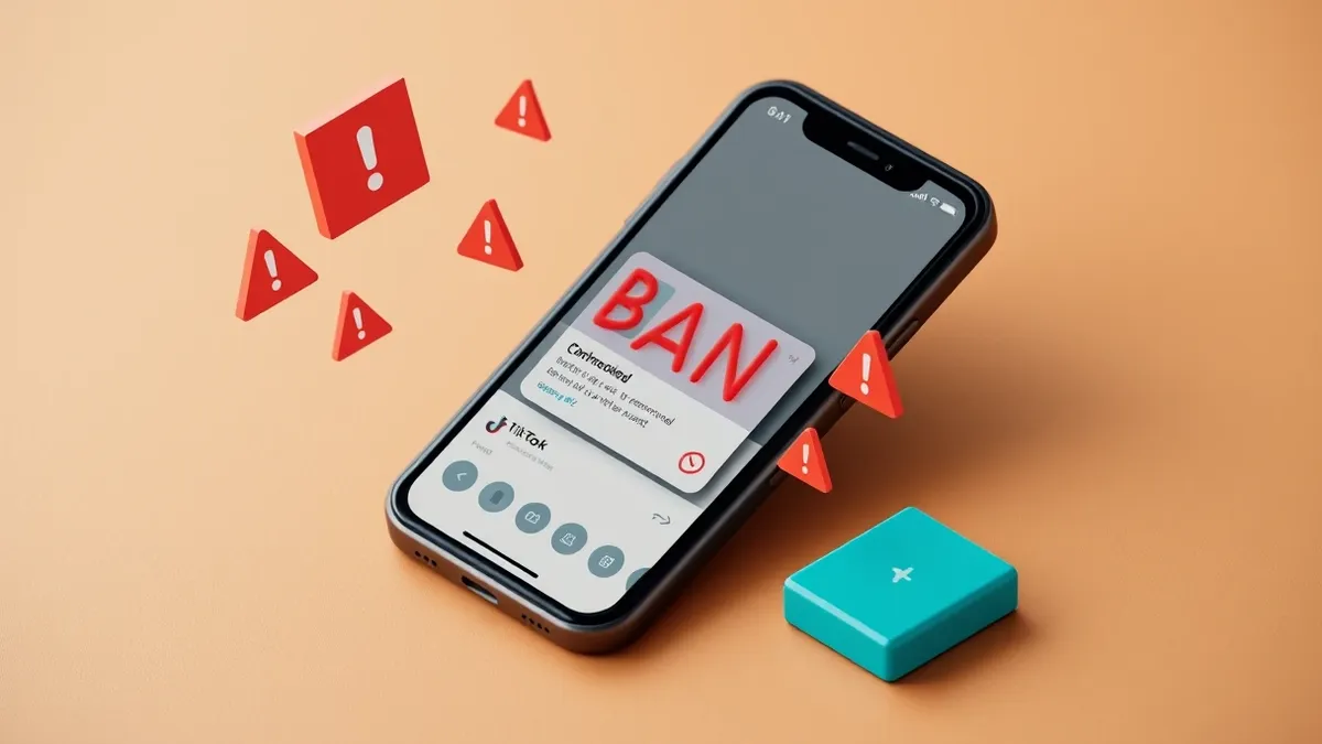 Illustration: A black smartphone rests on a wooden table, its screen displaying the TikTok interface with a single profile picture covered by a greyed-out ban notice.