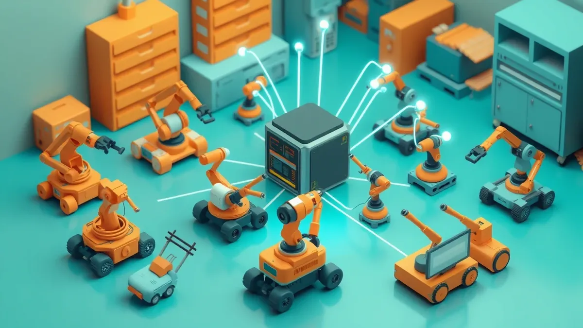 Illustration: A collection of diverse robotic arms and mobile bases sits on a clean workshop floor, each connected by glowing abstract lines to a central processing unit, symbolizi