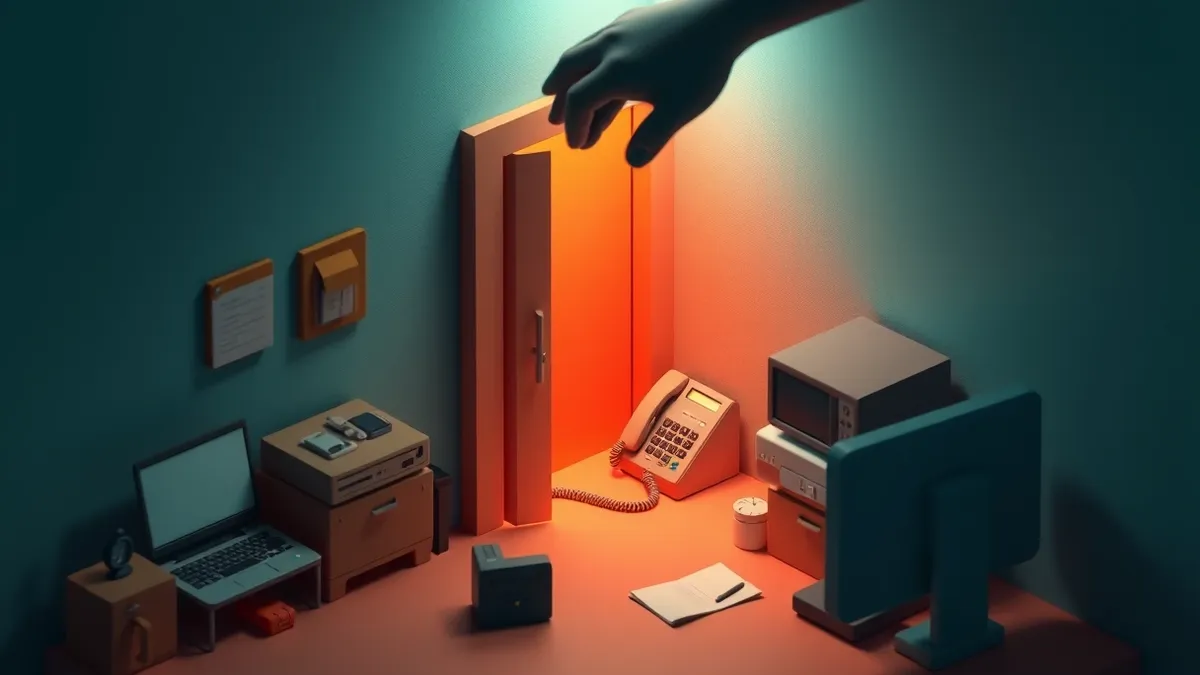 Illustration: A small office door stands slightly ajar, revealing a cluttered desk with a single unattended landline phone.