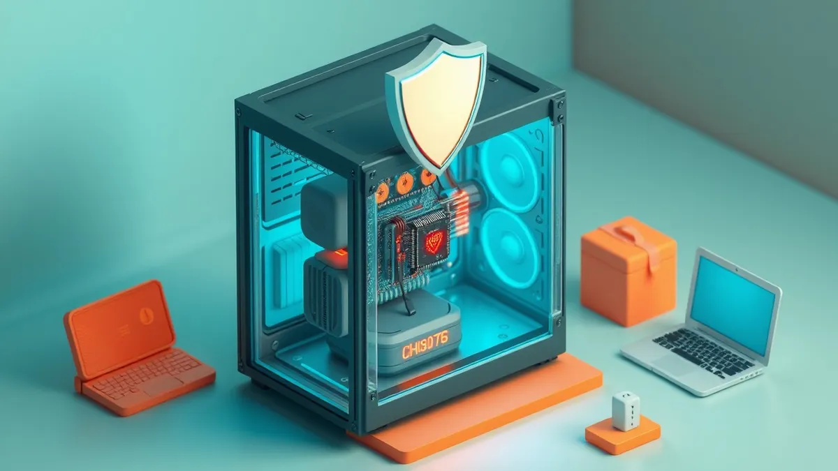 Illustration: A transparent computer tower reveals a glowing motherboard with a small chip highlighted in red near the power source, while abstract shields above it remain intact a
