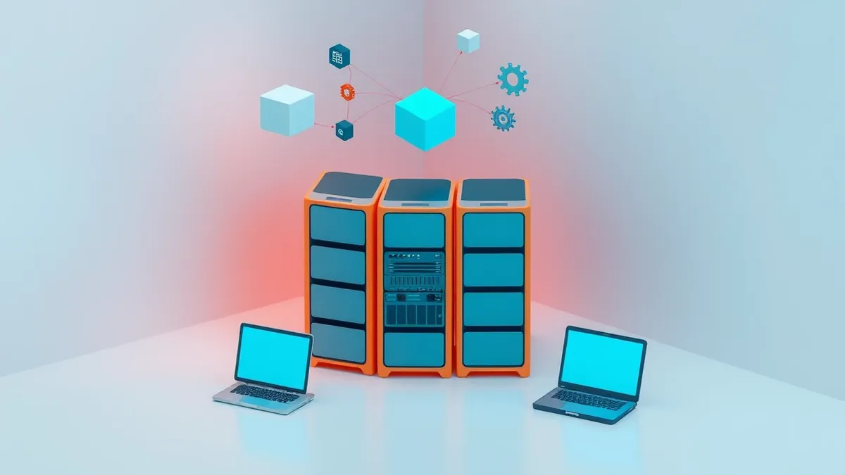 Illustration: A sleek server rack with blank panels sits in a clean white room.
