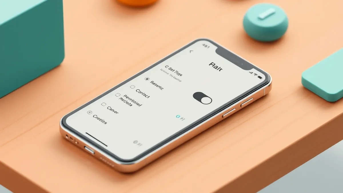 Illustration: A smartphone rests on a wooden table with its screen displaying a blank settings menu.