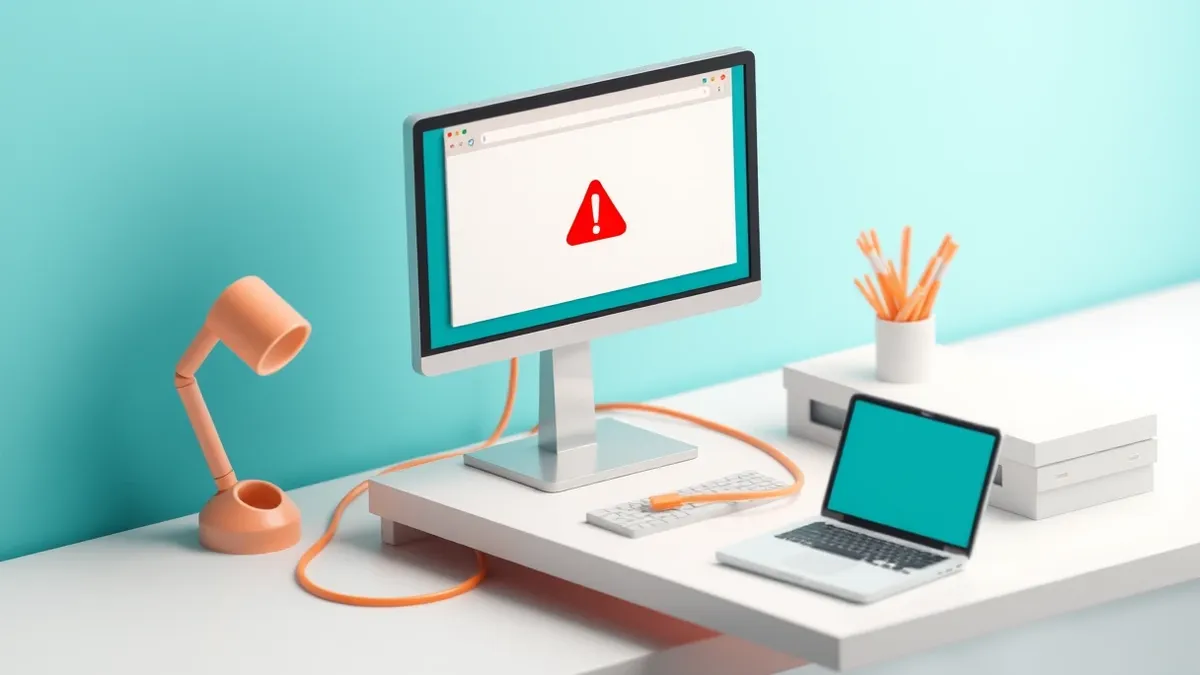 Illustration: A sleek desktop monitor sits on a clean white desk, its screen displaying a blank browser window with an abstract red warning icon pulsing in the center.