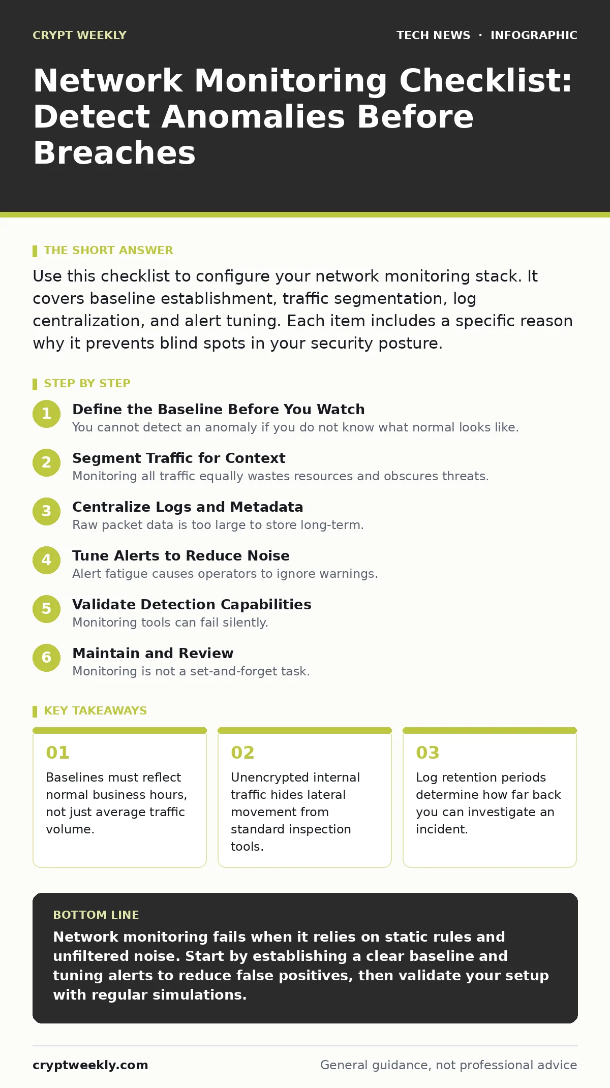 Infographic: Network Monitoring Checklist: Detect Anomalies Before Breaches. Baselines must reflect normal business hours, not just average traffic volume. Unencrypted internal traffic hides lateral movement from standard inspection tools. Log retention periods determine how far back you can investi