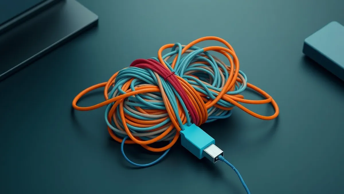 Illustration: A tangled knot of colorful fiber optic cables sits on a dark desk, tightly bound by a single red ribbon.
