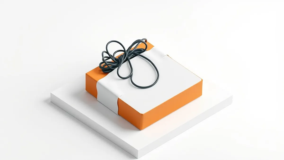 Illustration: A single software package sits on a clean white surface, its protective seal cleanly ripped open to reveal tangled, dark wires spilling out from inside the box onto t