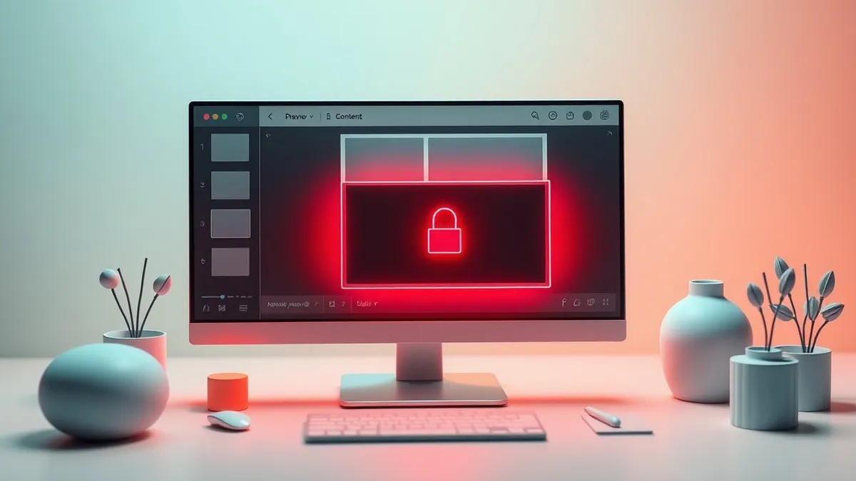 Illustration: A sleek content editing interface sits open on a desktop monitor, displaying blank abstract layout blocks.
