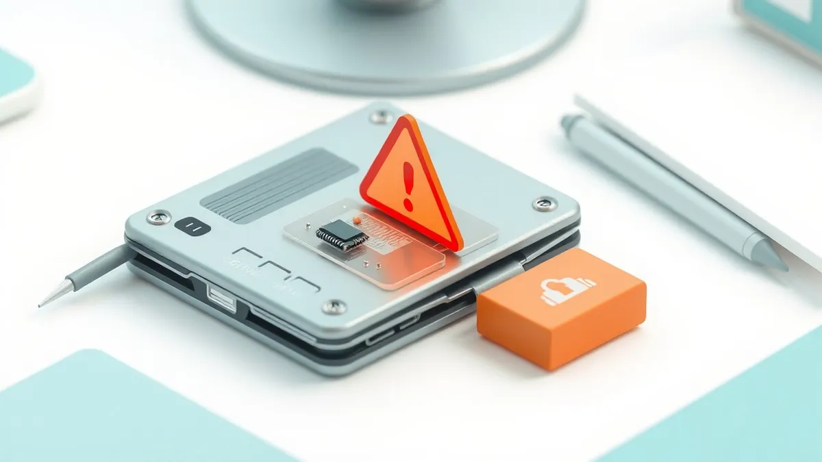 Illustration: A small silver hardware wallet sits on a clean white desk.