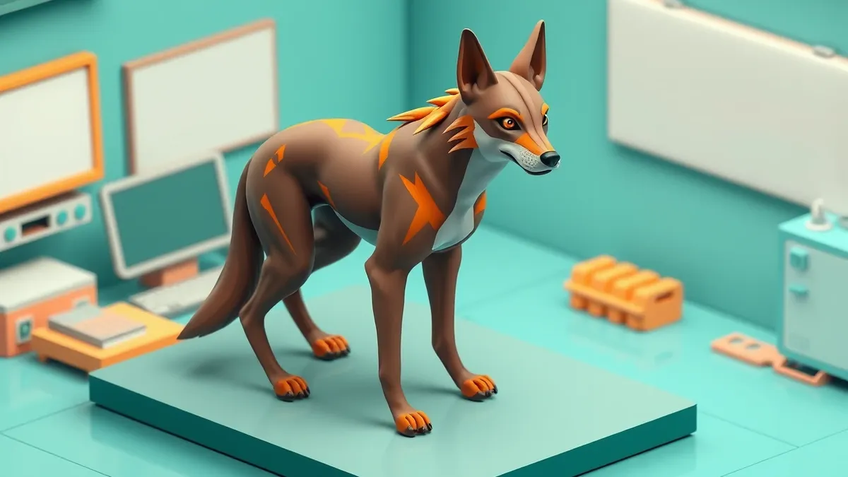 Illustration: A sleek, muscular canine stands alert on a sterile laboratory floor, its fur patterned with subtle geometric markings that hint at advanced genetic engineering.