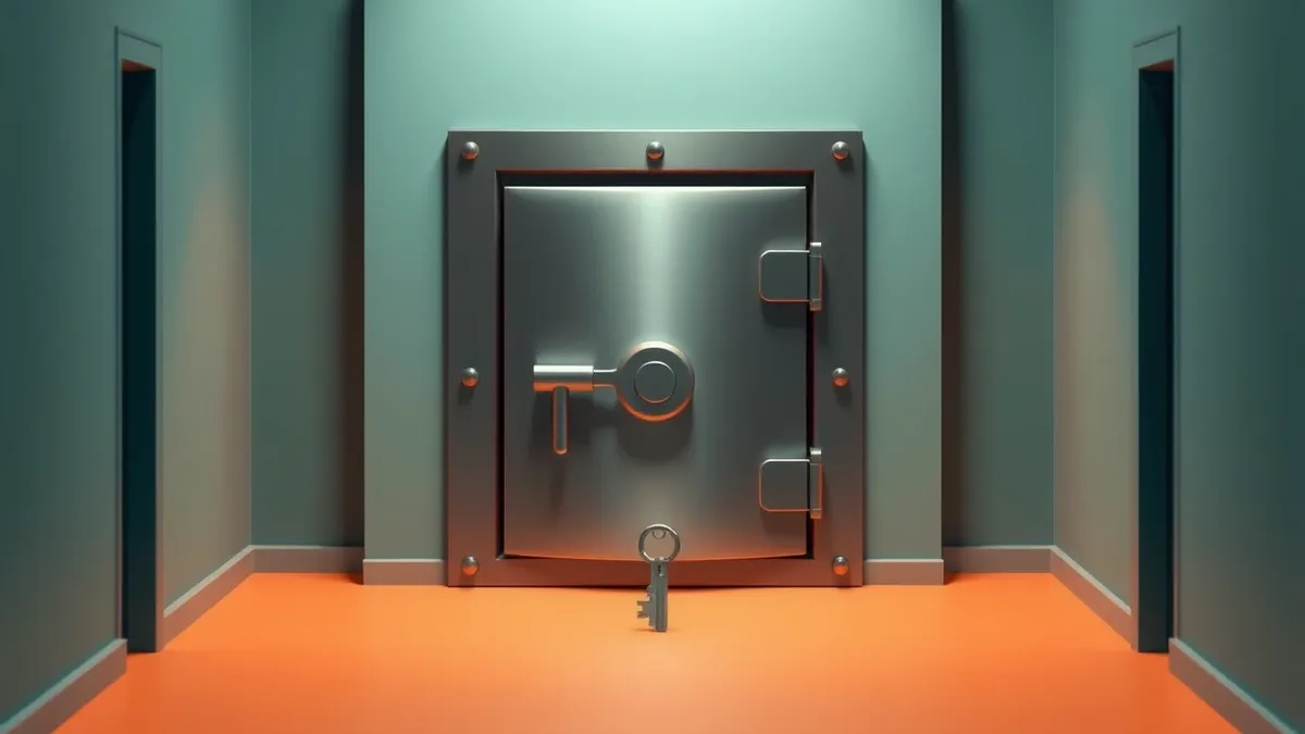 Illustration: A thick steel vault door stands shut between two empty rooms.