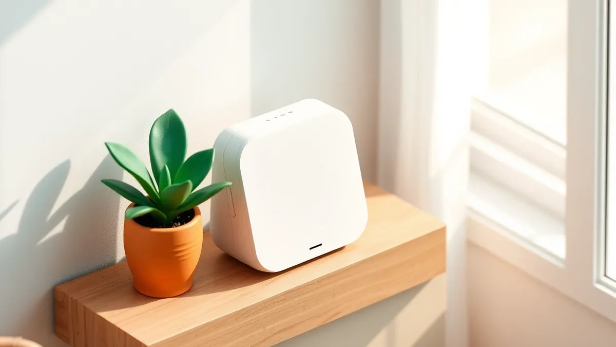 Illustration: A sleek white smart home hub sits on a wooden shelf beside a potted plant.
