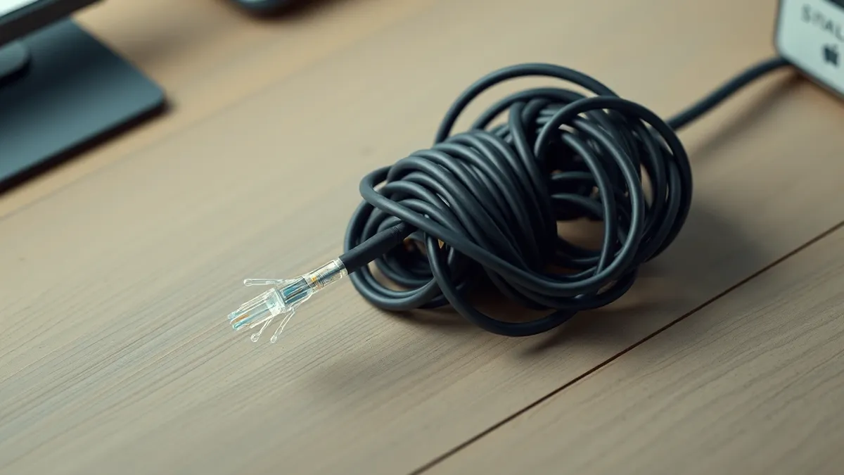 Illustration: A tangled knot of black network cables lies on a wooden desk, blocking the path of a single fiber optic strand.