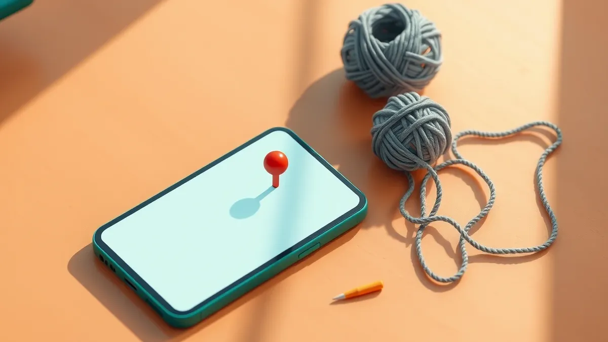 Illustration: A smartphone rests on a wooden table next to a tangled ball of grey yarn.