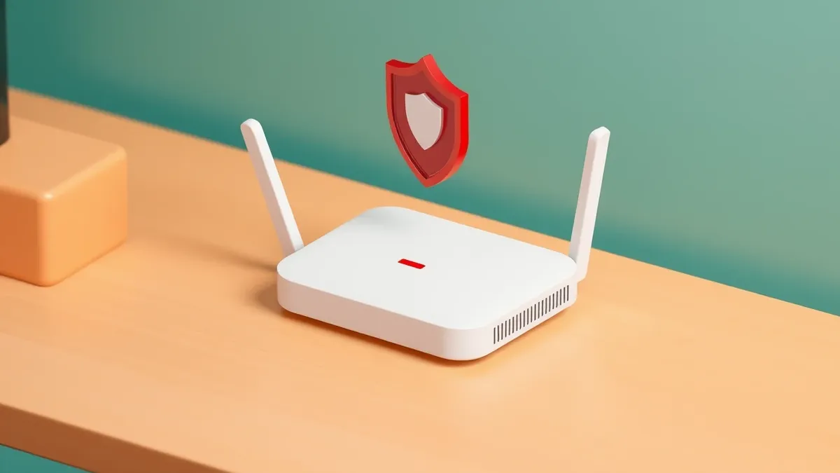 Illustration: A sleek white router sits on a plain wooden desk, its small status light glowing a warning amber.