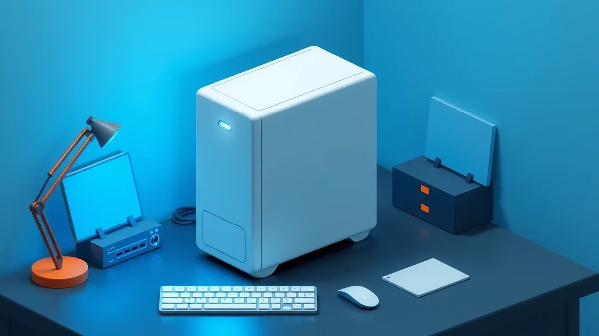 Illustration: A sleek, blank white computer tower sits on a dark desk, emitting soft blue light from its side panel.