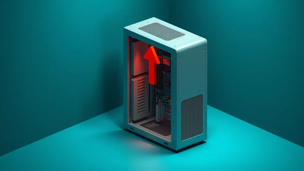 Illustration: A silver server tower sits in a dim room with its side panel removed.