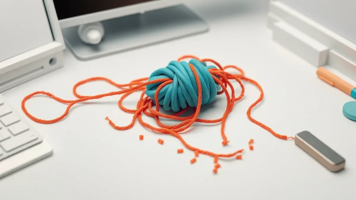Illustration: A tangled knot of loose threads sits on a clean white desk, representing chaotic code.