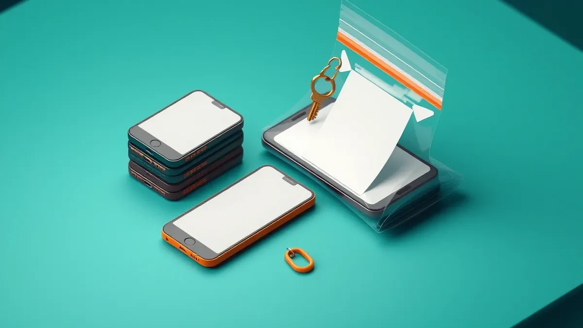 Illustration: A stack of generic smartphones rests on a sterile police table next to a sealed plastic evidence bag.