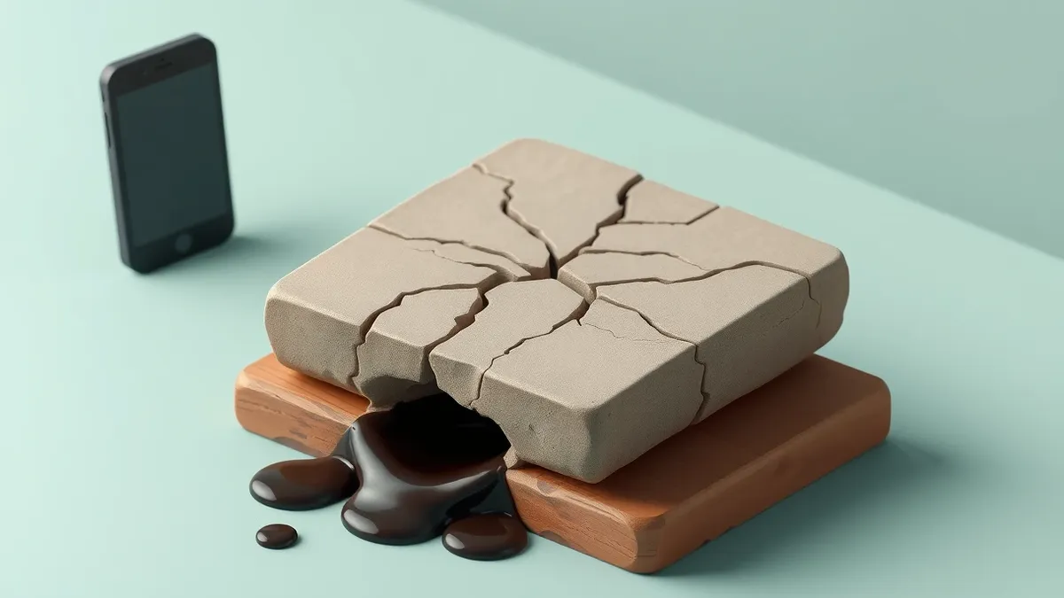 Illustration: A cracked stone tablet sits on a rough wooden desk, its surface etched with sharp, jagged fissures.