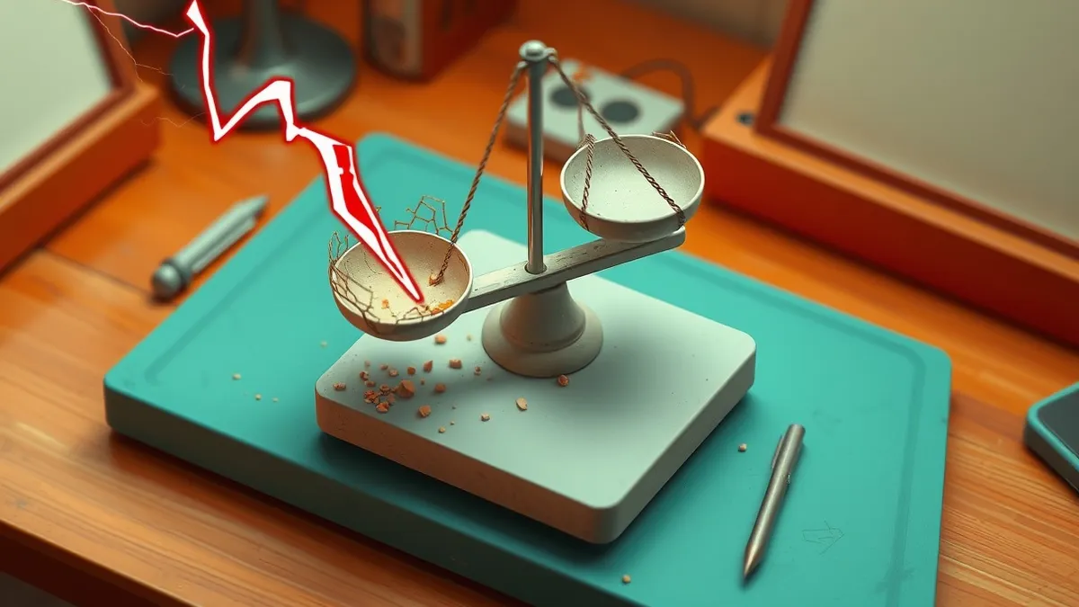 Illustration: A cracked ceramic balance scale sits on a dusty wooden desk, its pans hanging unevenly in mid-air.