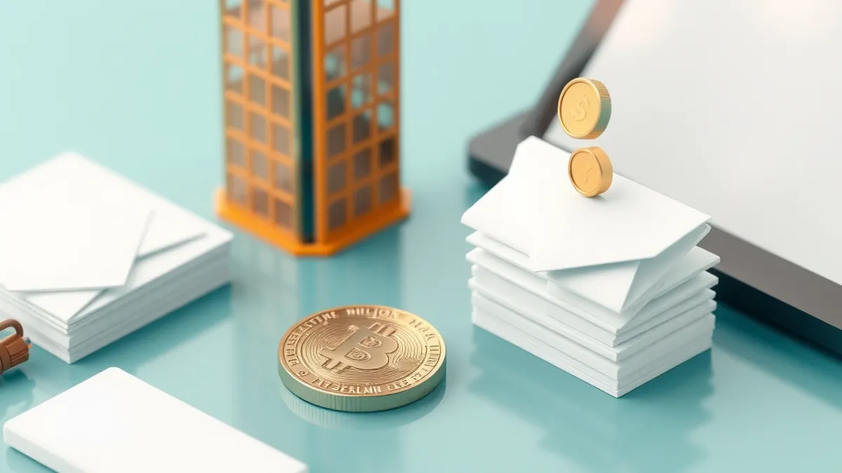 Illustration: A sleek, metallic coin with a geometric pattern rests on a polished desk surface next to a stack of blank white envelopes.