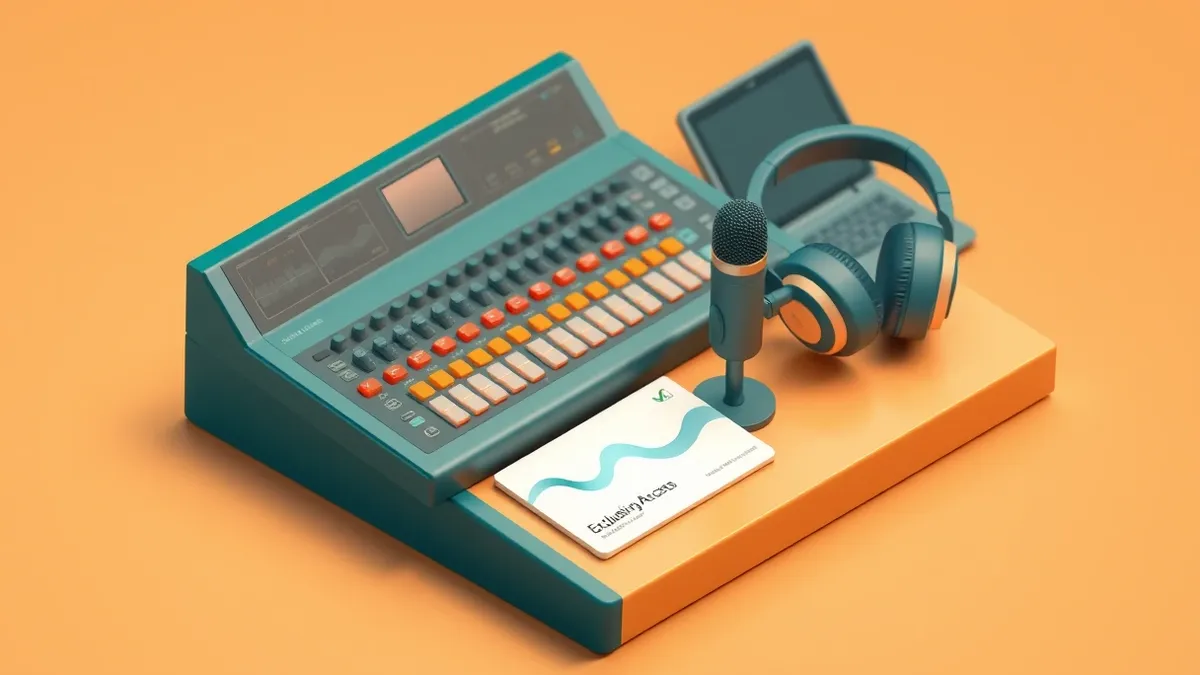 Illustration: A sleek audio mixing console sits on a wooden desk next to a pair of over-ear headphones.