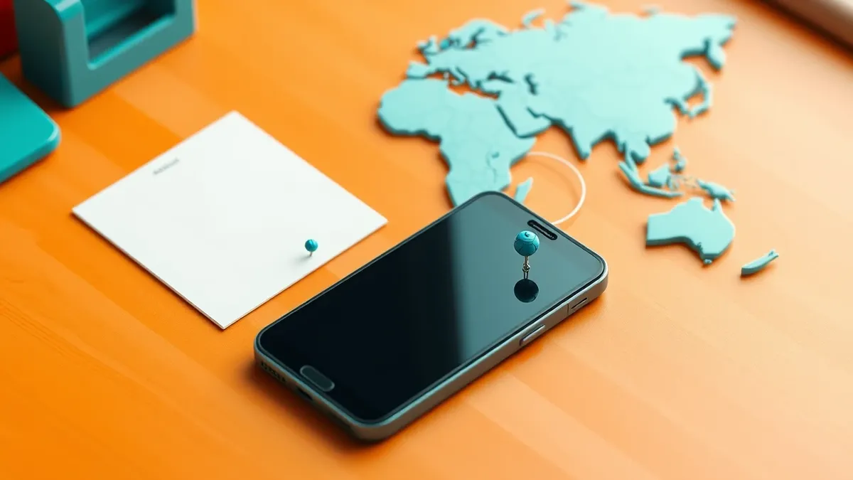 Illustration: A generic smartphone rests on a wooden desk beside a blank map of the world.