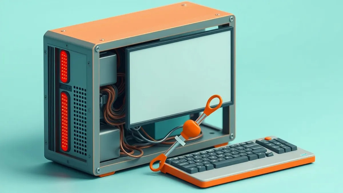 Illustration: A sleek desktop computer tower sits open, revealing a motherboard covered in tangled, exposed copper wires.
