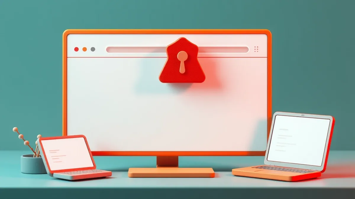 Illustration: A modern web browser window displays a stark red security warning icon hovering over a generic website address bar.