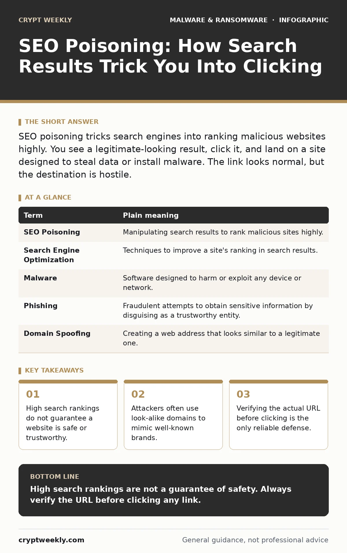 Infographic: SEO Poisoning: How Search Results Trick You Into Clicking. High search rankings do not guarantee a website is safe or trustworthy. Attackers often use look-alike domains to mimic well-known brands. Verifying the actual URL before clicking is the only reliable defense.