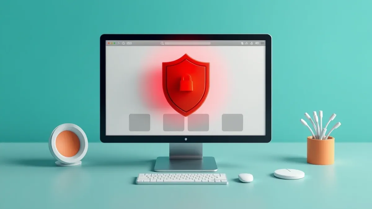 Illustration: A sleek, modern desktop computer monitor sits on a minimalist desk, displaying a blank white e-commerce storefront interface with abstract grey product placeholders.