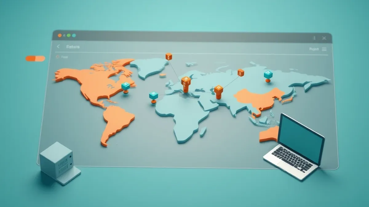 Illustration: A sleek dashboard interface displays a map with distinct colored zones representing different geographic regions.