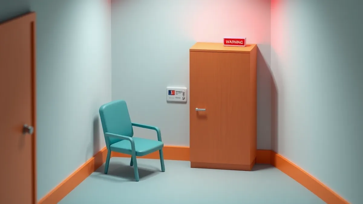 Illustration: A sterile medical examination room features a single empty chair beside a closed wooden cabinet.