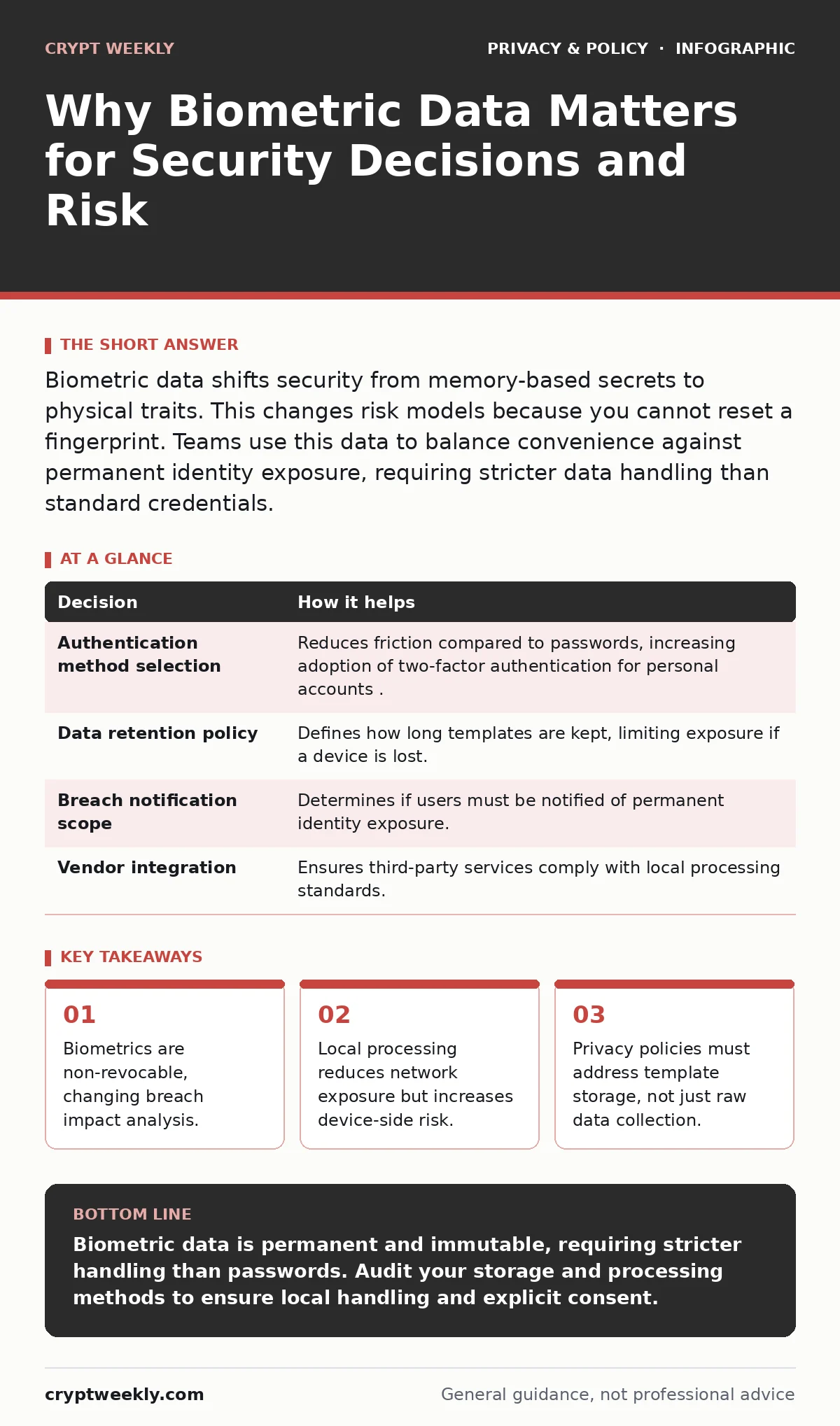 Infographic: Why Biometric Data Matters for Security Decisions and Risk. Biometrics are non-revocable, changing breach impact analysis. Local processing reduces network exposure but increases device-side risk. Privacy policies must address template storage, not just raw data collection.