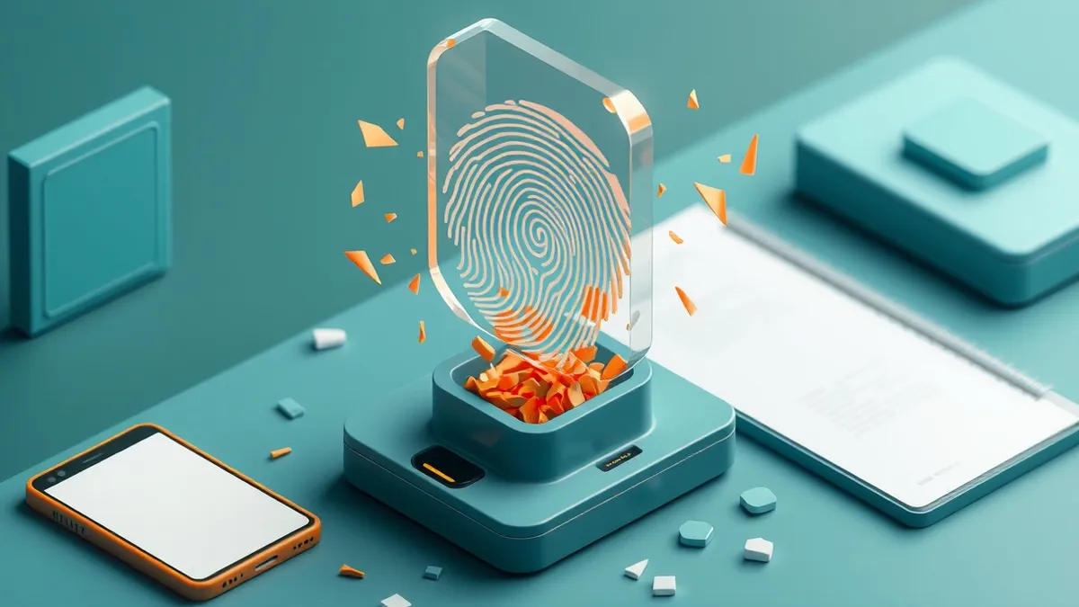 Illustration: A translucent fingerprint scan hovers above a sleek biometric scanner, its ridges dissolving into fragmented digital shards.