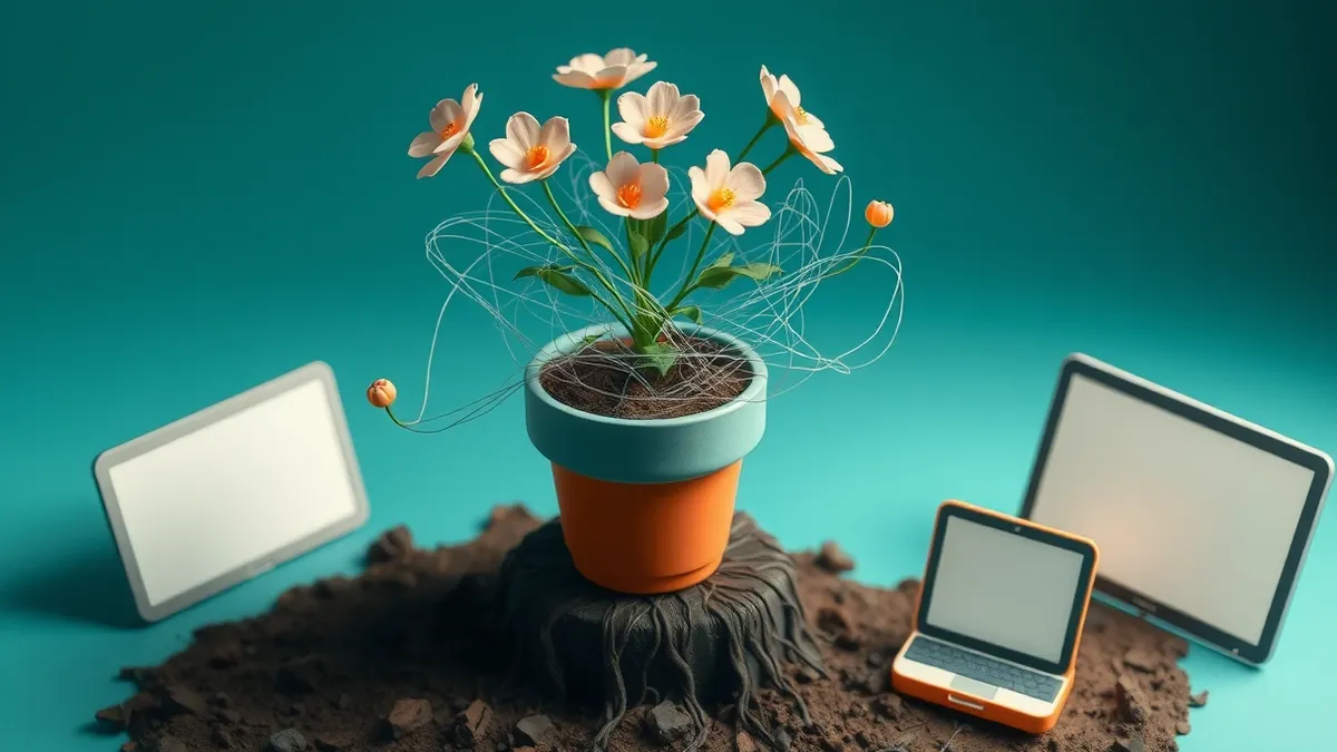 Illustration: A tangled web of invisible threads wraps around an intricate flower pot, with several strands slipping through the soil unnoticed.
