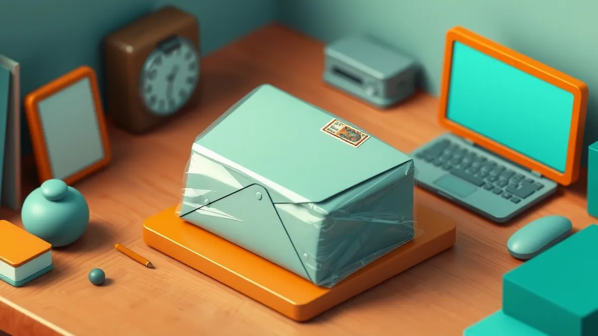 Illustration: A sealed wax envelope sits on a wooden desk, its front covered in clear plastic wrap.