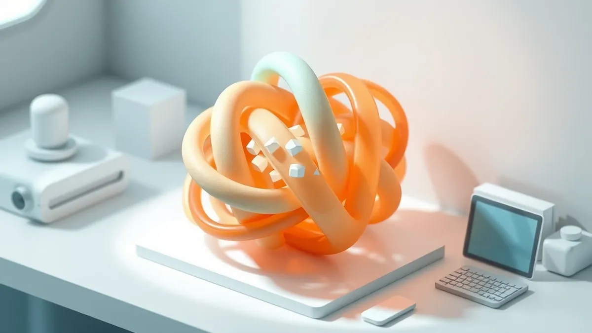 Illustration: A tangled knot of translucent geometric shapes sits atop a clean white desk.