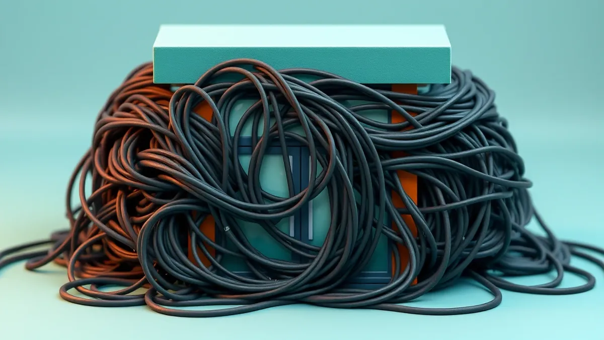 Illustration: A thick, tangled mass of dark cables chokes the front of a standard office building, blocking the main entrance and windows.