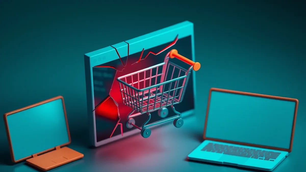 Illustration: A cracked shopping cart icon floats above a dark, jagged web browser window.