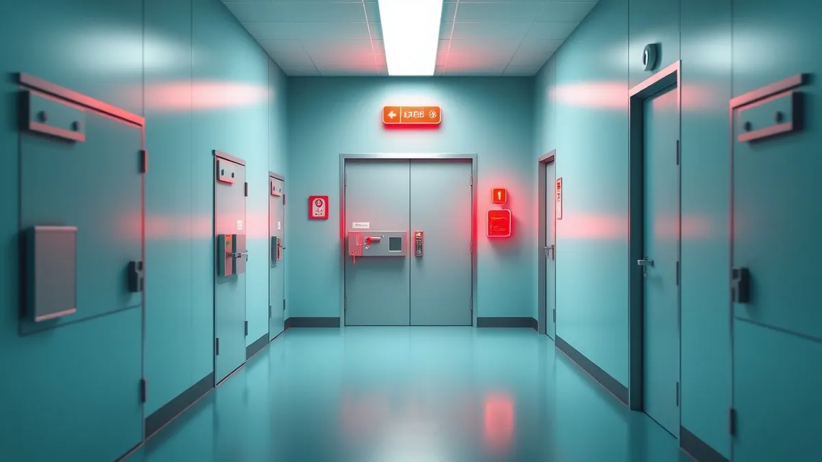 Illustration: A sterile hospital corridor features a series of heavy steel doors, each secured by a thick electronic lock mechanism.