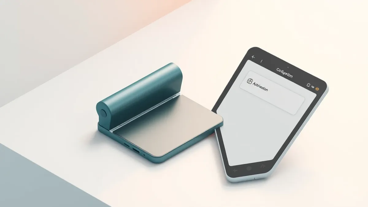 Illustration: A sleek, closed foldable smartphone rests on a white surface next to a blank tablet displaying simple configuration icons.
