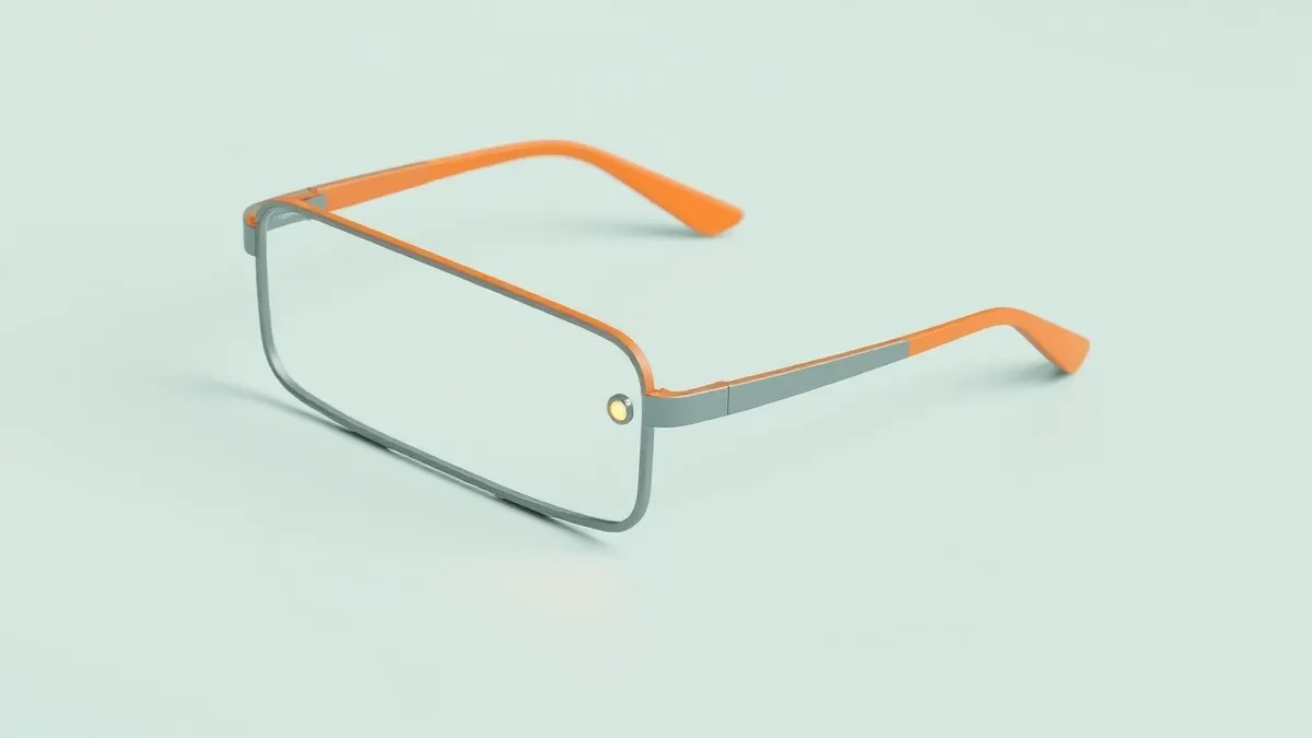 Illustration: A sleek pair of rectangular audio glasses rests on a plain surface.